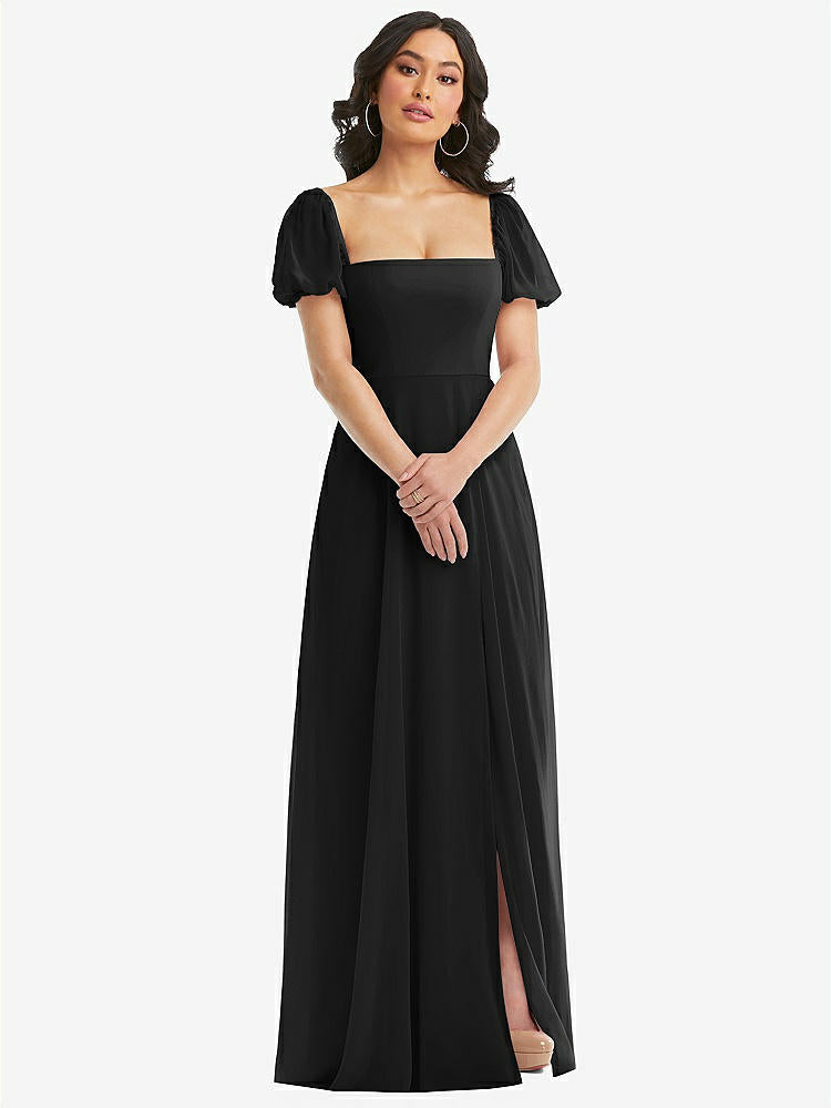 【STYLE: 1567】Puff Sleeve Chiffon Maxi Dress with Front Slit【COLOR: Black】