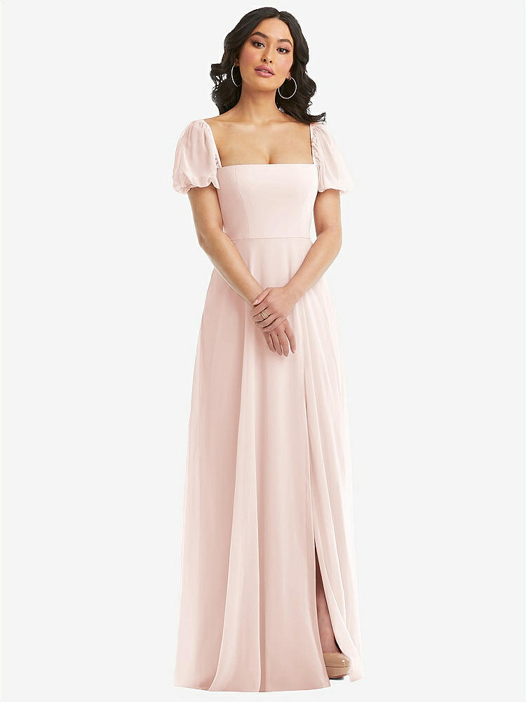 【NEW】【STYLE: 1567】パフ スリーブ シフォン マキシ ドレス 前面 スリット【COLOR: Blush】【SIZE: 00-30W】
