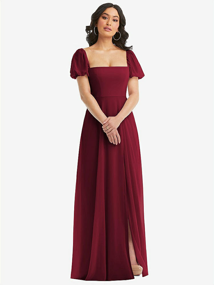 【STYLE: 1567】Puff Sleeve Chiffon Maxi Dress with Front Slit【COLOR: Burgundy】