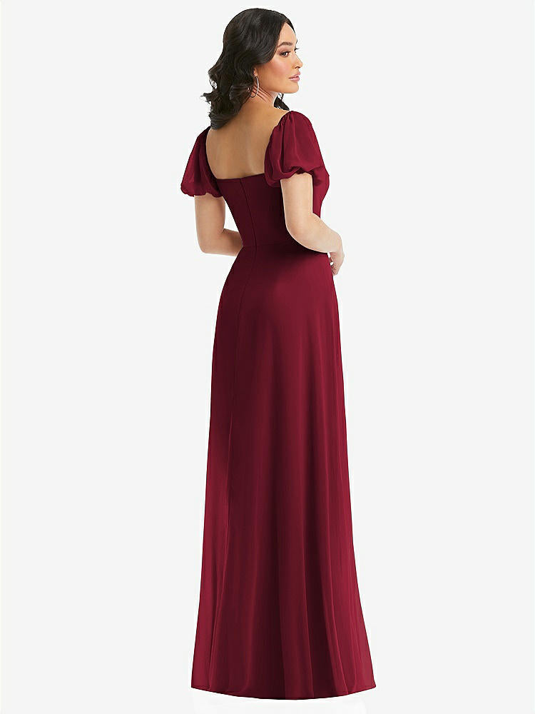 【STYLE: 1567】Puff Sleeve Chiffon Maxi Dress with Front Slit【COLOR: Burgundy】