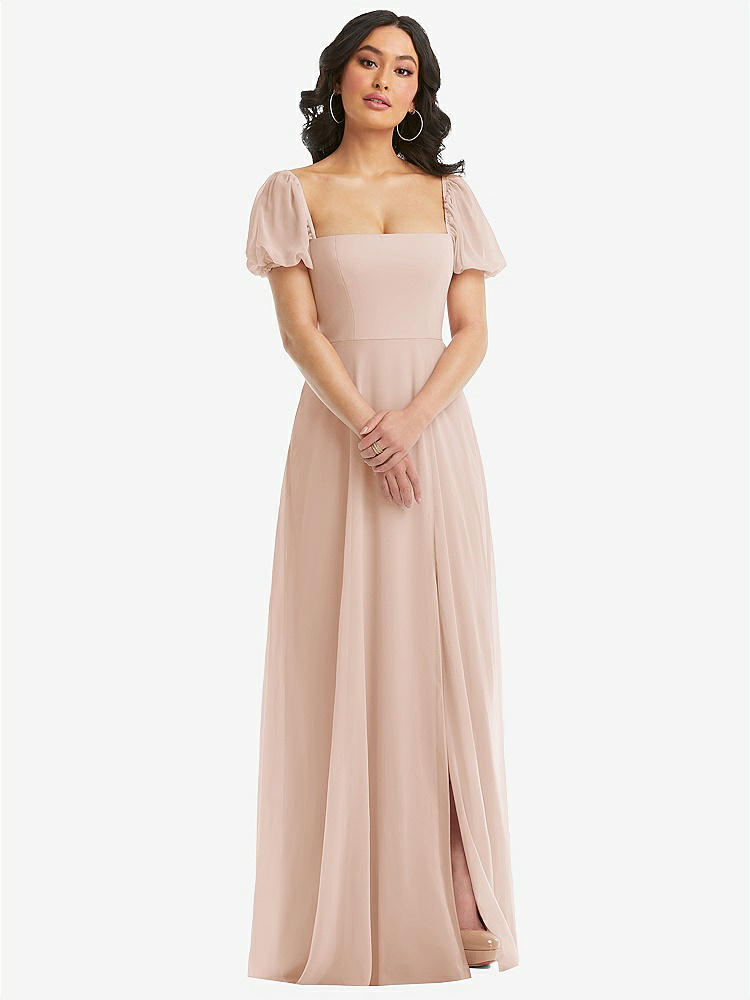 【NEW】【STYLE: 1567】パフ スリーブ シフォン マキシ ドレス 前面 スリット【COLOR: Cameo】【SIZE: 00-30W】