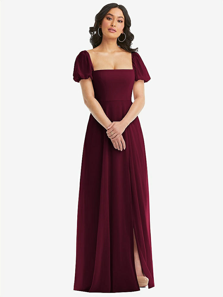 【STYLE: 1567】Puff Sleeve Chiffon Maxi Dress with Front Slit【COLOR: Cabernet】