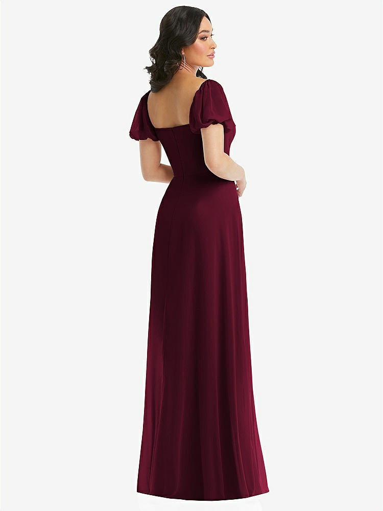 【STYLE: 1567】Puff Sleeve Chiffon Maxi Dress with Front Slit【COLOR: Cabernet】