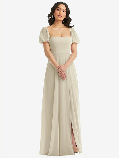 【NEW】【STYLE: 1567】パフ スリーブ シフォン マキシ ドレス 前面 スリット【COLOR: Champagne】【SIZE: 00-30W】