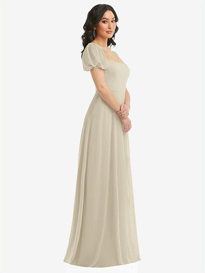 【NEW】【STYLE: 1567】パフ スリーブ シフォン マキシ ドレス 前面 スリット【COLOR: Champagne】【SIZE: 00-30W】