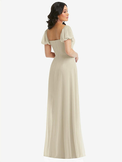 【NEW】【STYLE: 1567】パフ スリーブ シフォン マキシ ドレス 前面 スリット【COLOR: Champagne】【SIZE: 00-30W】