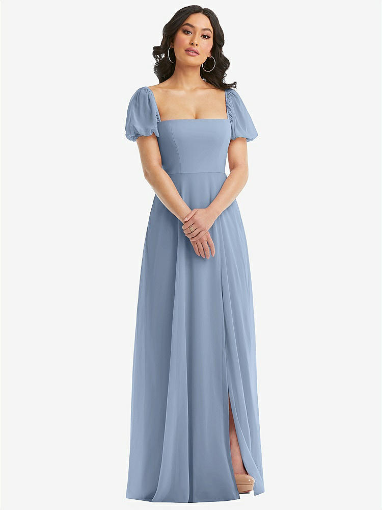 【STYLE: 1567】Puff Sleeve Chiffon Maxi Dress with Front Slit【COLOR: Cloudy】