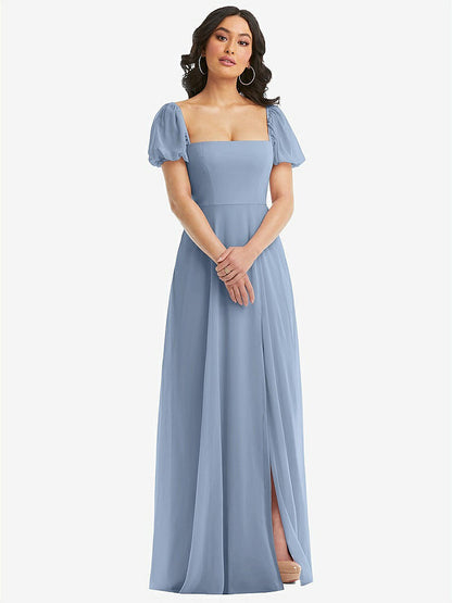 【STYLE: 1567】Puff Sleeve Chiffon Maxi Dress with Front Slit【COLOR: Cloudy】