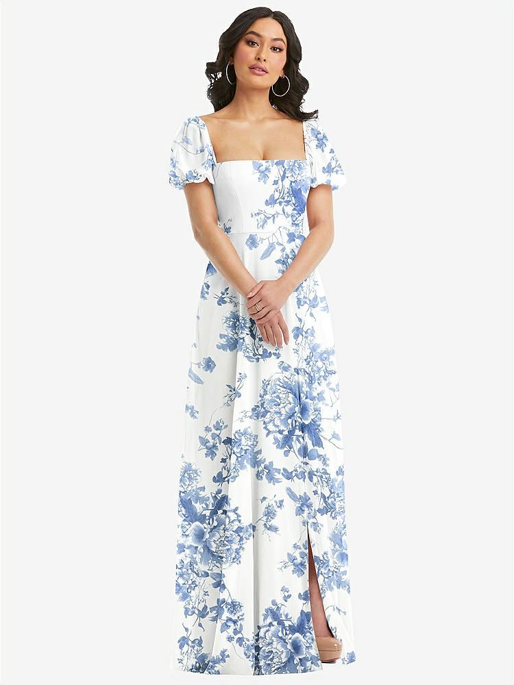 【STYLE: 1567】Puff Sleeve Chiffon Maxi Dress with Front Slit【COLOR: Cottage Rose Dusk Blue】