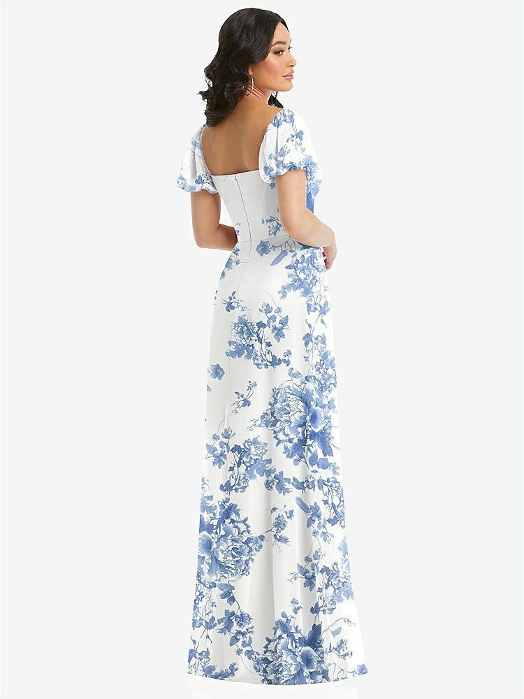 【STYLE: 1567】Puff Sleeve Chiffon Maxi Dress with Front Slit【COLOR: Cottage Rose Dusk Blue】