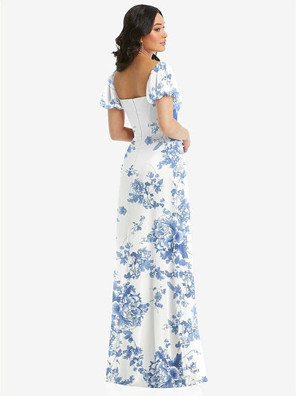 【NEW】【STYLE: 1567】パフ スリーブ シフォン マキシ ドレス 前面 スリット【COLOR: Cottage Rose Dusk Blue】【SIZE: 00-30W】
