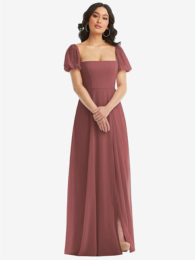 【NEW】【STYLE: 1567】パフ スリーブ シフォン マキシ ドレス 前面 スリット【COLOR: English Rose】【SIZE: 00-30W】