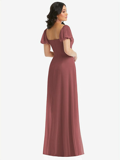 【NEW】【STYLE: 1567】パフ スリーブ シフォン マキシ ドレス 前面 スリット【COLOR: English Rose】【SIZE: 00-30W】