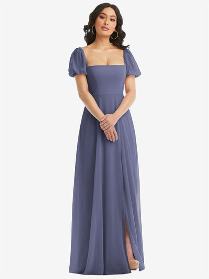 【NEW】【STYLE: 1567】パフ スリーブ シフォン マキシ ドレス 前面 スリット【COLOR: French Blue】【SIZE: 00-30W】
