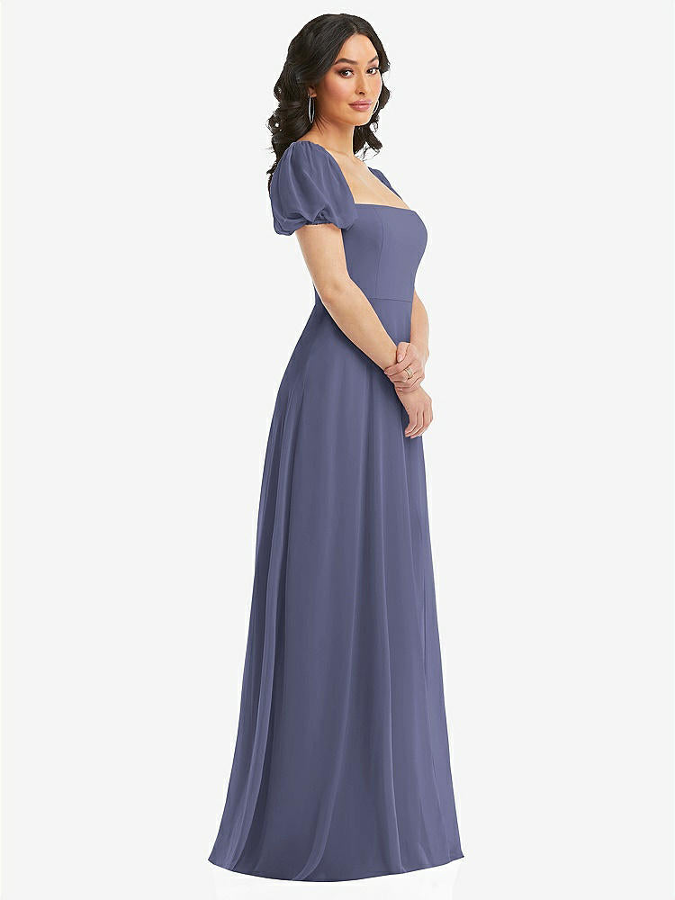【NEW】【STYLE: 1567】パフ スリーブ シフォン マキシ ドレス 前面 スリット【COLOR: French Blue】【SIZE: 00-30W】