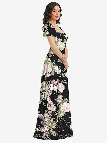 【STYLE: 1567】Puff Sleeve Chiffon Maxi Dress with Front Slit【COLOR: Noir Garden】