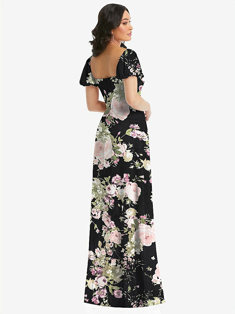 【STYLE: 1567】Puff Sleeve Chiffon Maxi Dress with Front Slit【COLOR: Noir Garden】