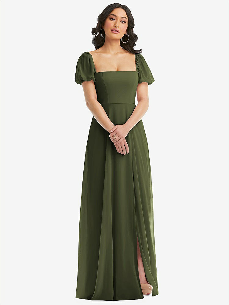 【STYLE: 1567】Puff Sleeve Chiffon Maxi Dress with Front Slit【COLOR: Olive Green】