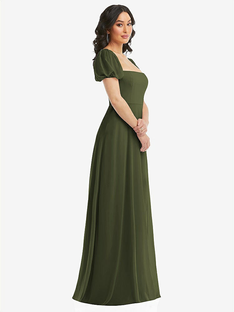 【STYLE: 1567】Puff Sleeve Chiffon Maxi Dress with Front Slit【COLOR: Olive Green】