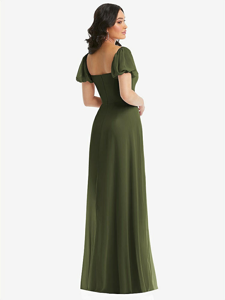 【STYLE: 1567】Puff Sleeve Chiffon Maxi Dress with Front Slit【COLOR: Olive Green】