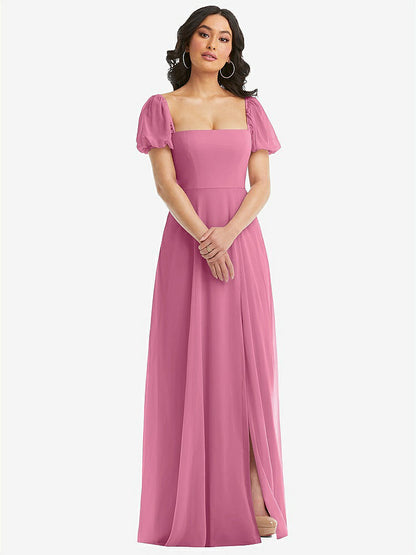 【NEW】【STYLE: 1567】パフ スリーブ シフォン マキシ ドレス 前面 スリット【COLOR: Orchid Pink】【SIZE: 00-30W】