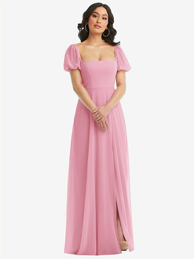 【NEW】【STYLE: 1567】パフ スリーブ シフォン マキシ ドレス 前面 スリット【COLOR: Peony Pink】【SIZE: 00-30W】