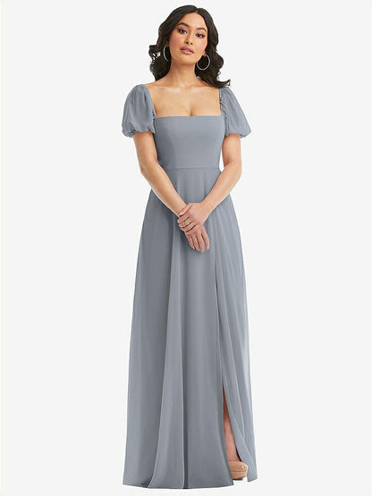 【STYLE: 1567】Puff Sleeve Chiffon Maxi Dress with Front Slit【COLOR: Platinum】