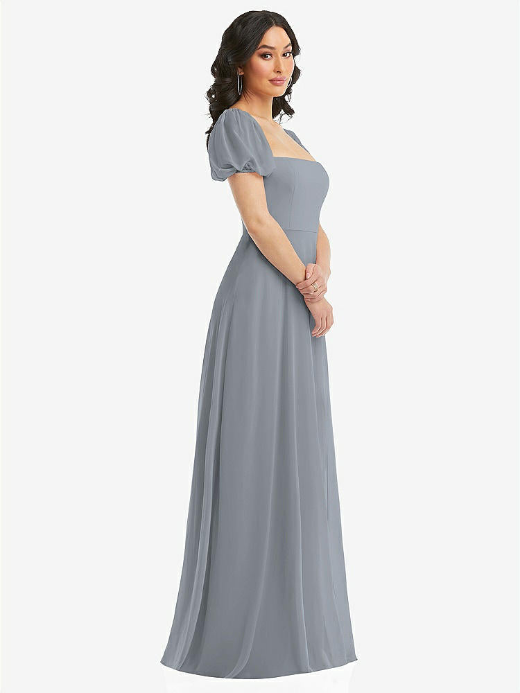【STYLE: 1567】Puff Sleeve Chiffon Maxi Dress with Front Slit【COLOR: Platinum】