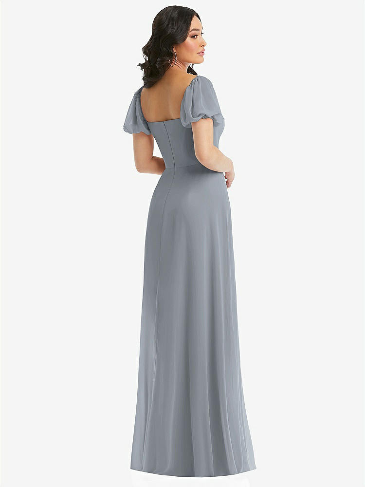 【NEW】【STYLE: 1567】パフ スリーブ シフォン マキシ ドレス 前面 スリット【COLOR: Platinum】【SIZE: 00-30W】