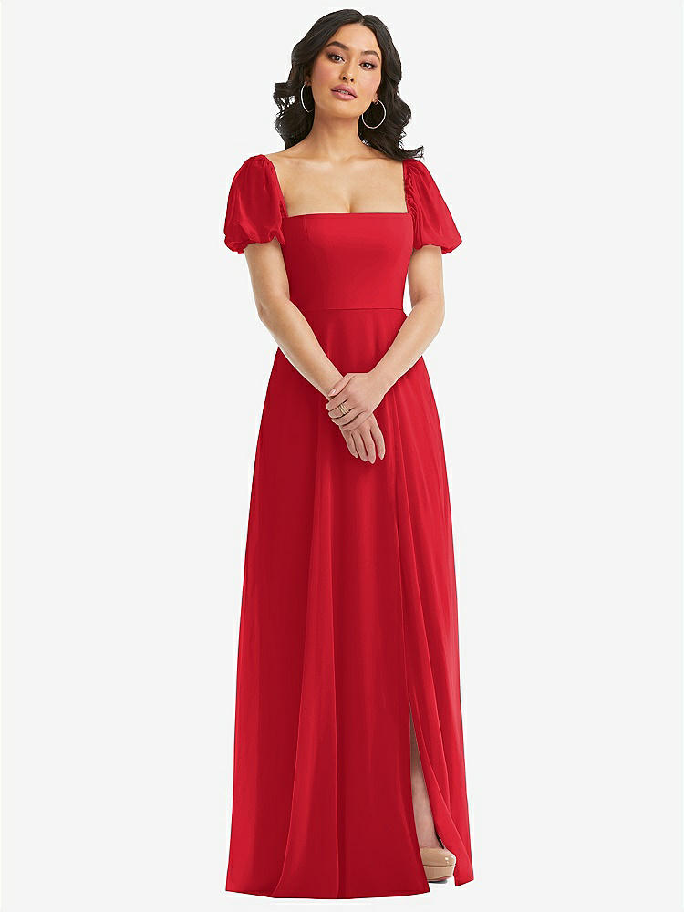【STYLE: 1567】Puff Sleeve Chiffon Maxi Dress with Front Slit【COLOR: Parisian Red】