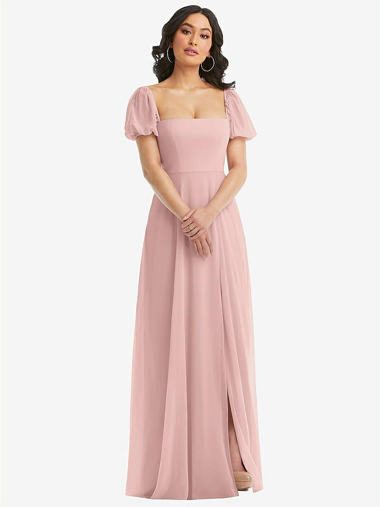 【NEW】【STYLE: 1567】パフ スリーブ シフォン マキシ ドレス 前面 スリット【COLOR: Rose - PANTONE Rose Quartz】【SIZE: 00-30W】