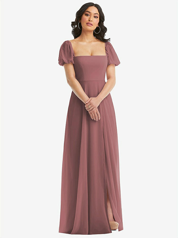 【STYLE: 1567】Puff Sleeve Chiffon Maxi Dress with Front Slit【COLOR: Rosewood】