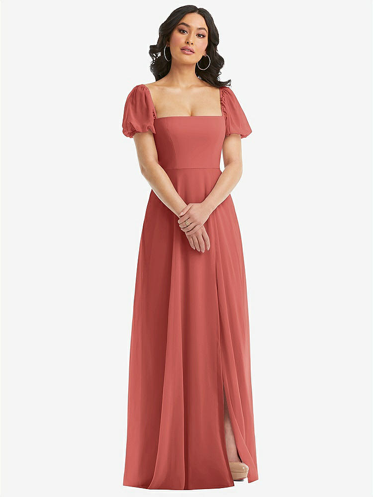 【NEW】【STYLE: 1567】パフ スリーブ シフォン マキシ ドレス 前面 スリット【COLOR: Coral Pink】【SIZE: 00-30W】