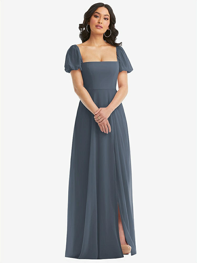 【NEW】【STYLE: 1567】パフ スリーブ シフォン マキシ ドレス 前面 スリット【COLOR: Silverstone】【SIZE: 00-30W】