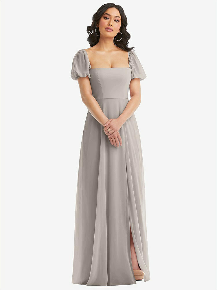 【NEW】【STYLE: 1567】パフ スリーブ シフォン マキシ ドレス 前面 スリット【COLOR: Taupe】【SIZE: 00-30W】