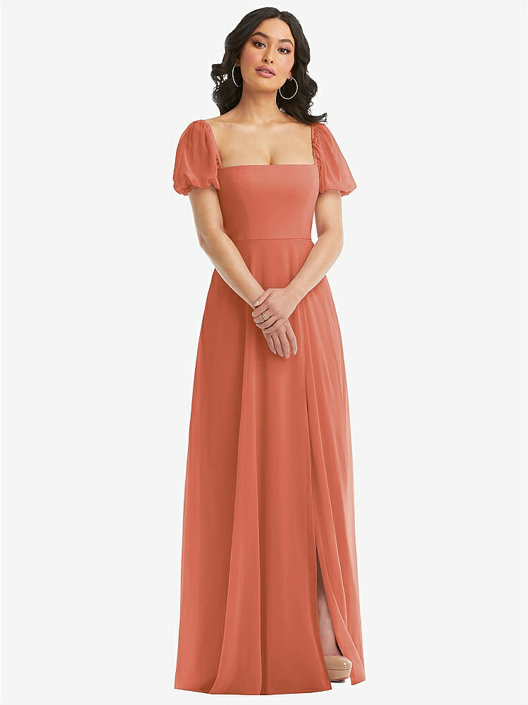 【STYLE: 1567】Puff Sleeve Chiffon Maxi Dress with Front Slit【COLOR: Terracotta Copper】