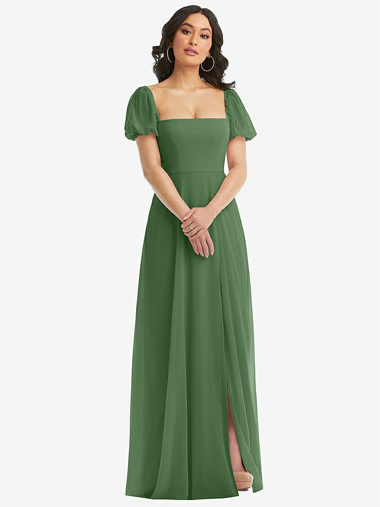 【STYLE: 1567】Puff Sleeve Chiffon Maxi Dress with Front Slit【COLOR: Vineyard Green】