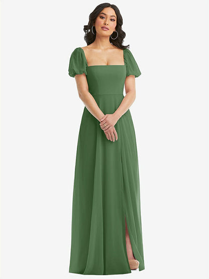 【STYLE: 1567】Puff Sleeve Chiffon Maxi Dress with Front Slit【COLOR: Vineyard Green】