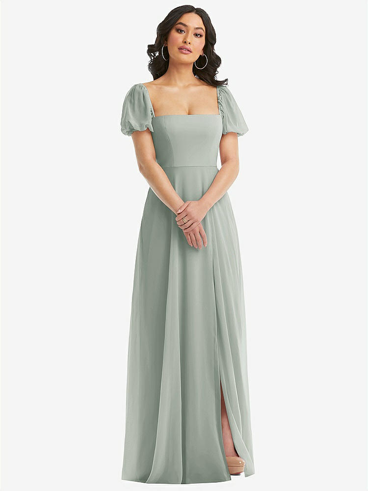 【STYLE: 1567】Puff Sleeve Chiffon Maxi Dress with Front Slit【COLOR: Willow Green】
