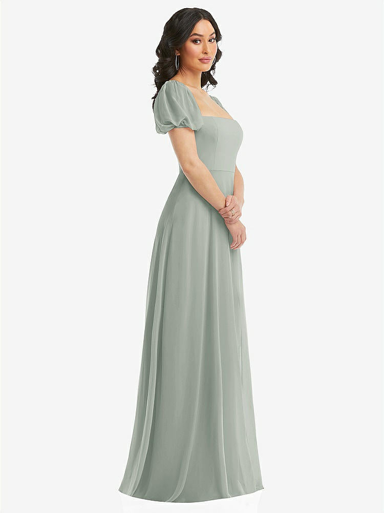 【STYLE: 1567】Puff Sleeve Chiffon Maxi Dress with Front Slit【COLOR: Willow Green】
