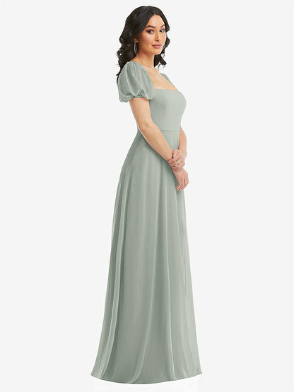 【STYLE: 1567】Puff Sleeve Chiffon Maxi Dress with Front Slit【COLOR: Willow Green】
