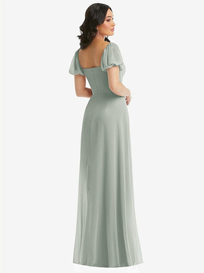 【STYLE: 1567】Puff Sleeve Chiffon Maxi Dress with Front Slit【COLOR: Willow Green】