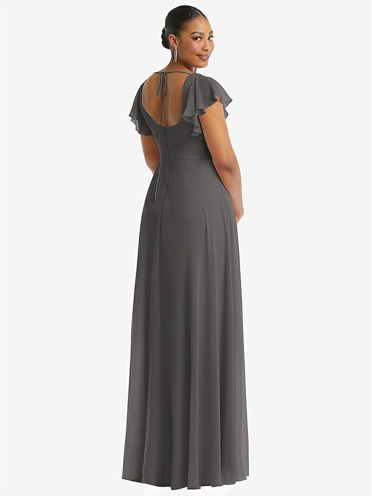 【NEW】【STYLE: 1568】フラッター 袖 スクープ オープンバック シフォン マキシ ドレス【COLOR: Caviar Gray】【SIZE: 00-30W】