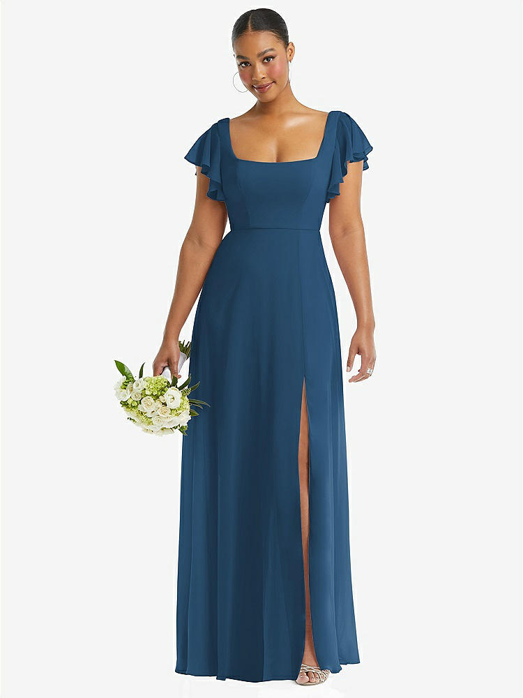 【NEW】【STYLE: 1568】フラッター 袖 スクープ オープンバック シフォン マキシ ドレス【COLOR: Dusk Blue】【SIZE: 00-30W】