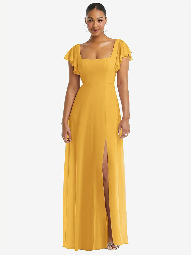 【NEW】【STYLE: 1568】フラッター 袖 スクープ オープンバック シフォン マキシ ドレス【COLOR: NYC Yellow】【SIZE: 00-30W】