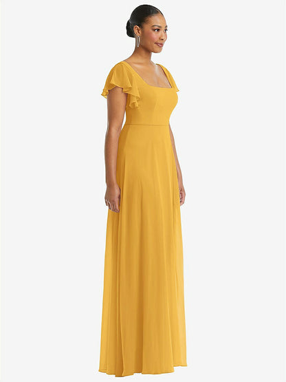 【NEW】【STYLE: 1568】フラッター 袖 スクープ オープンバック シフォン マキシ ドレス【COLOR: NYC Yellow】【SIZE: 00-30W】