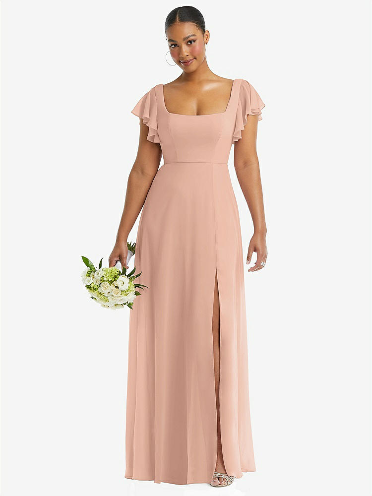 【STYLE: 1568】Flutter Sleeve Scoop Open-Back Chiffon Maxi Dress【COLOR: Pale Peach】