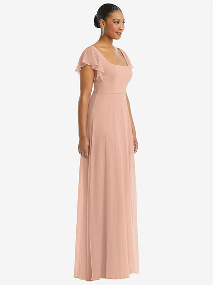 【STYLE: 1568】Flutter Sleeve Scoop Open-Back Chiffon Maxi Dress【COLOR: Pale Peach】