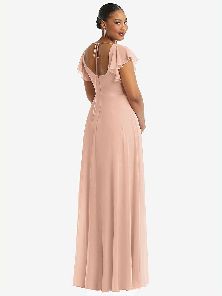 【STYLE: 1568】Flutter Sleeve Scoop Open-Back Chiffon Maxi Dress【COLOR: Pale Peach】