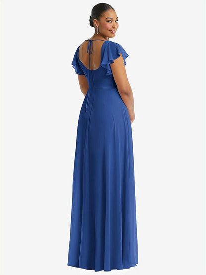 【NEW】【STYLE: 1568】フラッター 袖 スクープ オープンバック シフォン マキシ ドレス【COLOR: Classic Blue】【SIZE: 00-30W】